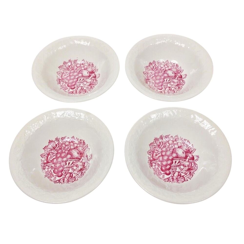 Homer Laughlin Bowls Harvest Blue Mark H44N6 6" Red Fruit Pattern 4Pc VTG